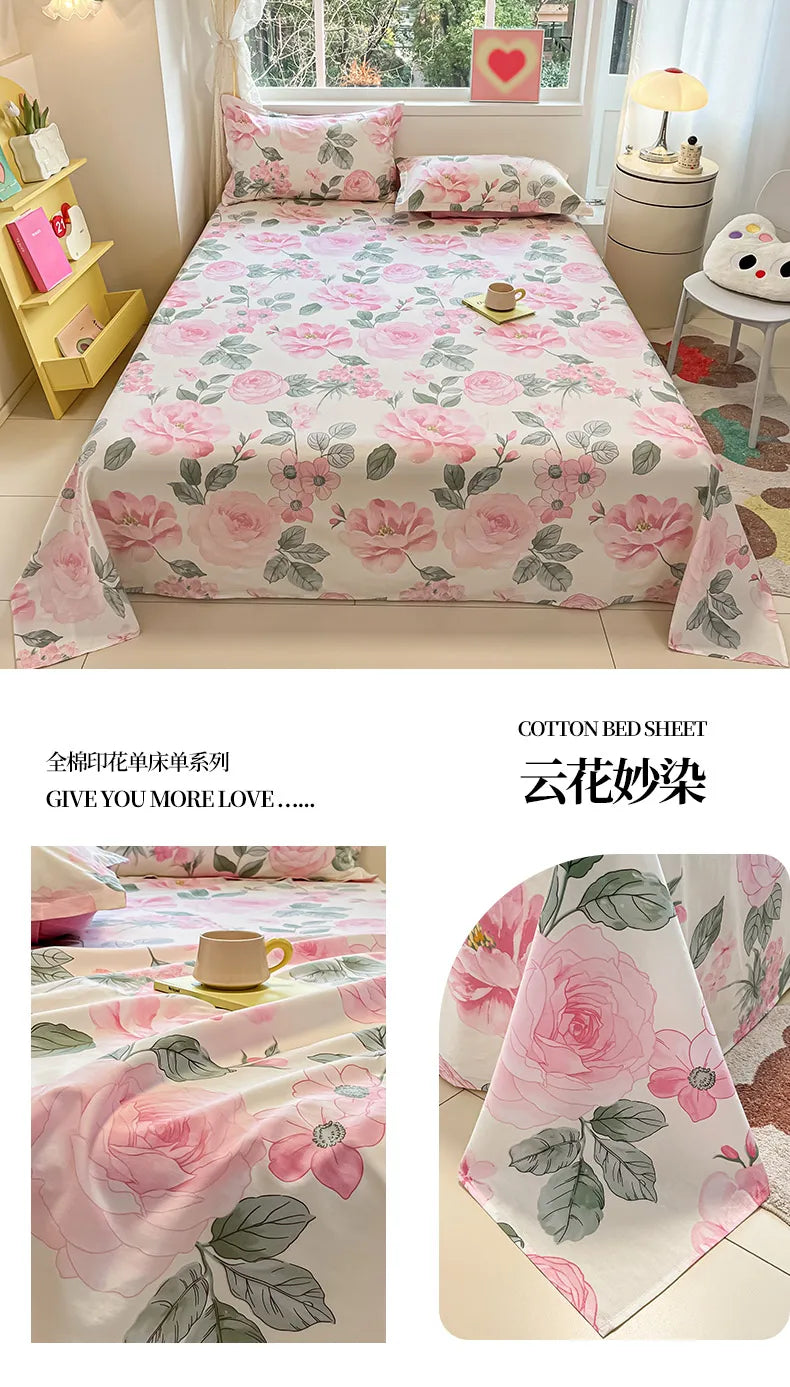 Sábana de algodón 100% con estampado de flores, sábanas dobles para niñas y niños, ropa de cama individual Queen King Size, 1 Uds.