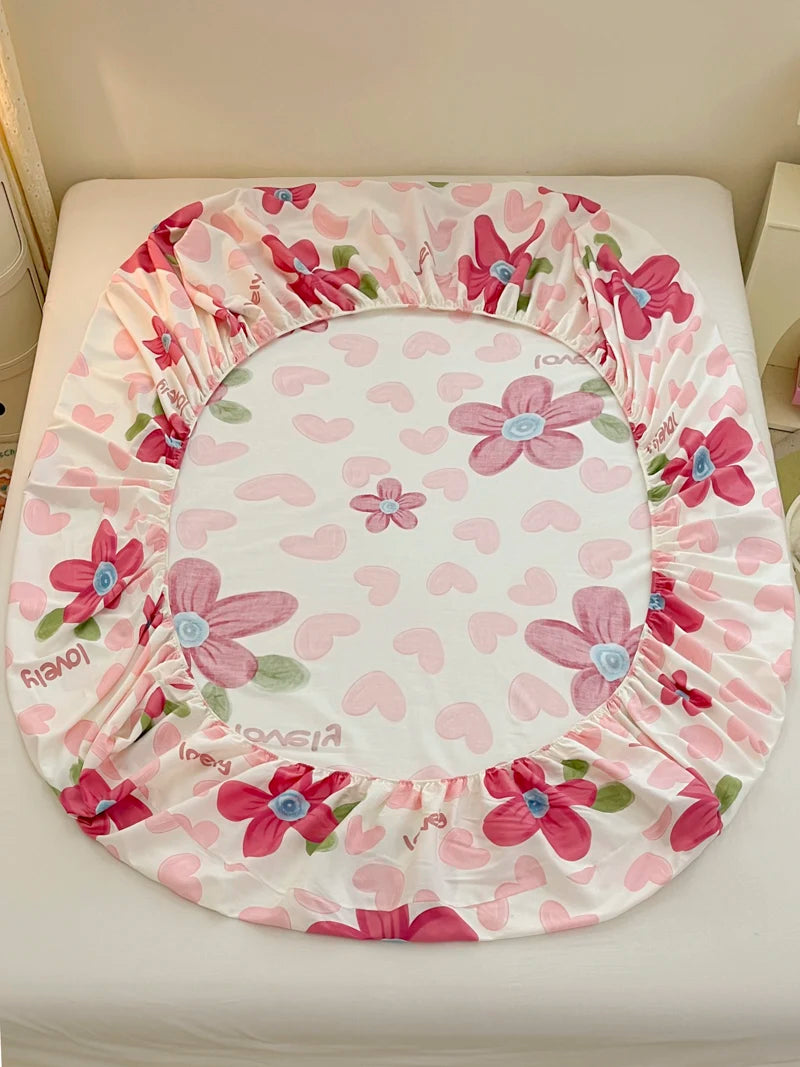 Juego de sábanas ajustadas de algodón 100% puro con funda de almohada, funda de cama con estampado de flores, sábanas individuales/Queen/King Size