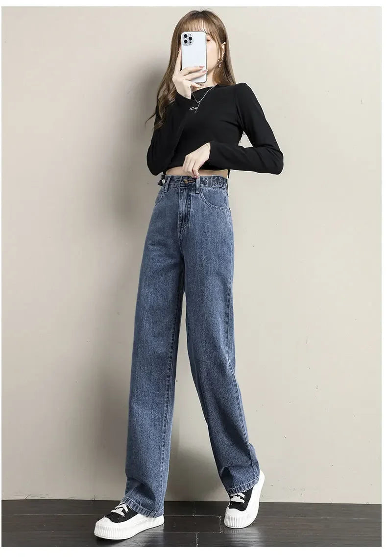Pantalones vaqueros sueltos para mujer, diseño de cintura alta, entrepierna recta ajustable, pantalones de estilo Retro, tela de algodón, estilo informal cómodo