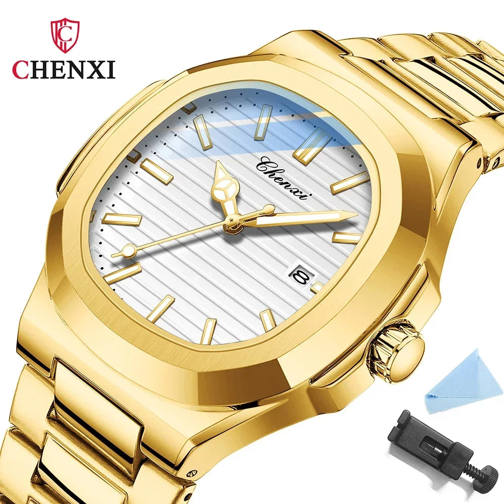 CHENXI 8222 reloj de negocios informal luminoso de acero inoxidable dorado de lujo para hombres relojes de pulsera de cuarzo de moda resistente al agua