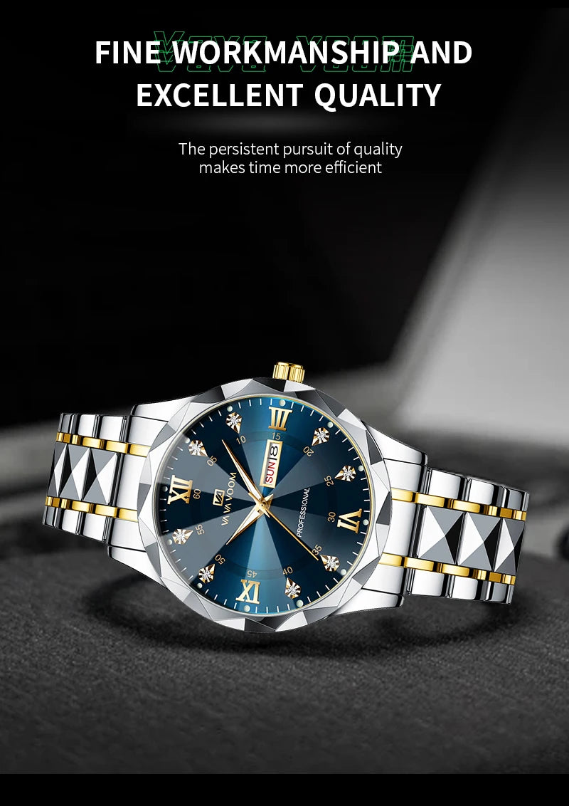 Reloj para hombre con diamantes de agua, lujo, brillo nocturno, doble calendario, movimiento de cuarzo, 41mm, oro azul, acero inoxidable, reloj de negocios de moda