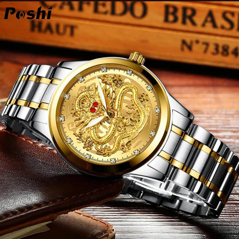 POSHI-reloj de cuarzo de acero inoxidable para hombre, cronógrafo de lujo con diseño Original de dragón dorado, resistente al agua
