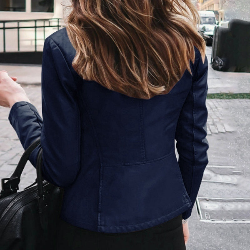 Chaqueta ajustada de piel sintética para mujer, chaqueta clásica de motociclista de PU, abrigo básico con cremallera para primavera y otoño