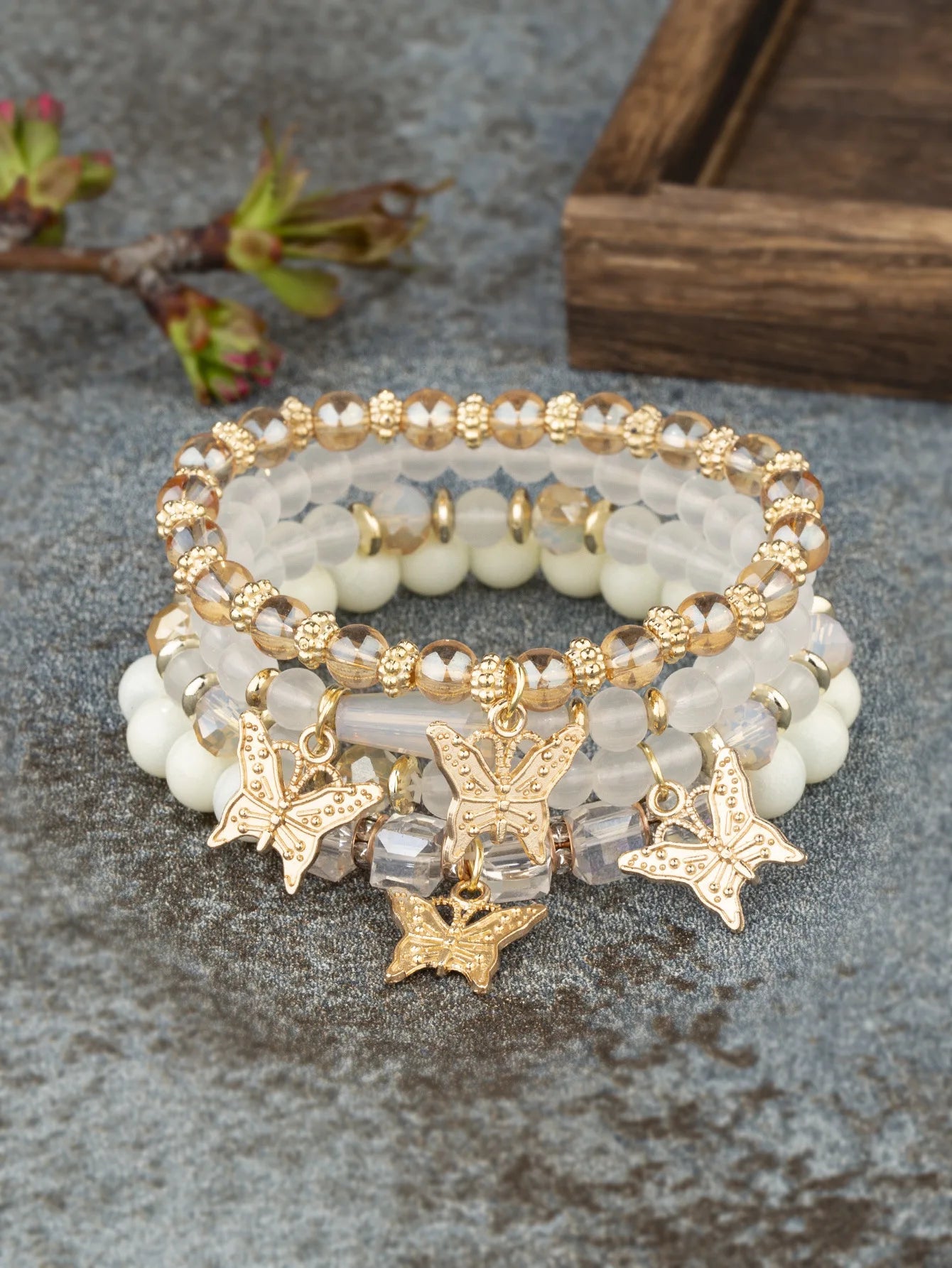 Conjunto de pulsera con cuentas de mariposa para mujer, brazalete de cadena elástica con cuentas acrÃlicas rosas, regalo de joyas de fiesta bohemia, 4 Uds.