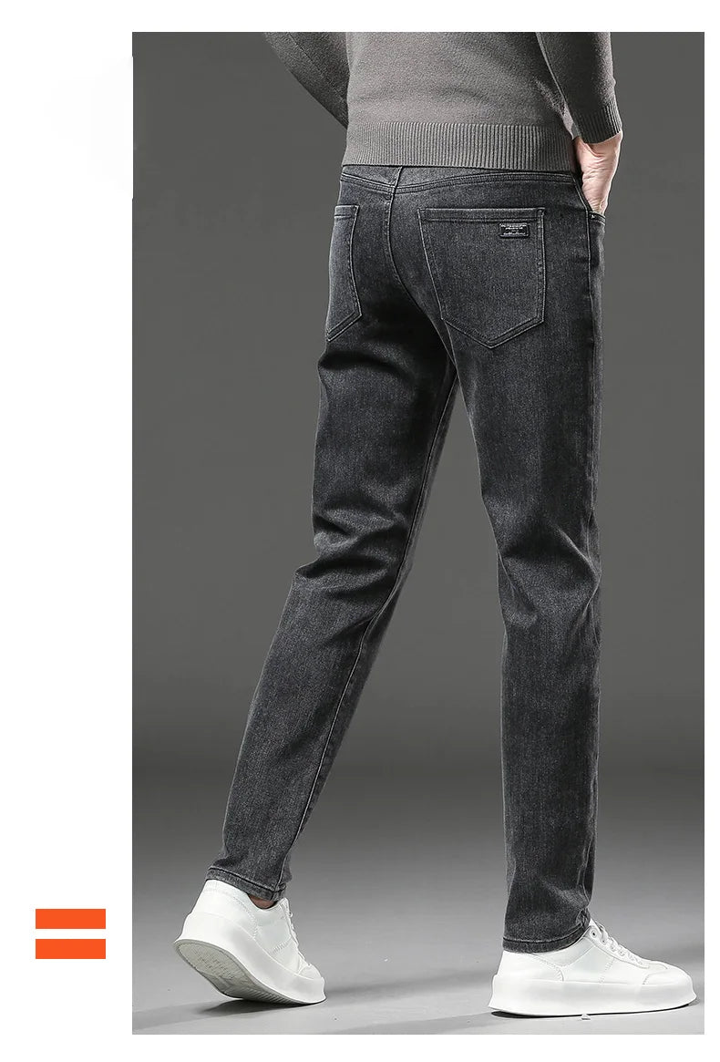 Pantalones vaqueros gruesos y cálidos de lana de invierno para hombre, pantalones vaqueros elásticos rectos ajustados, ropa informal para hombre, pantalones de felpa a la moda