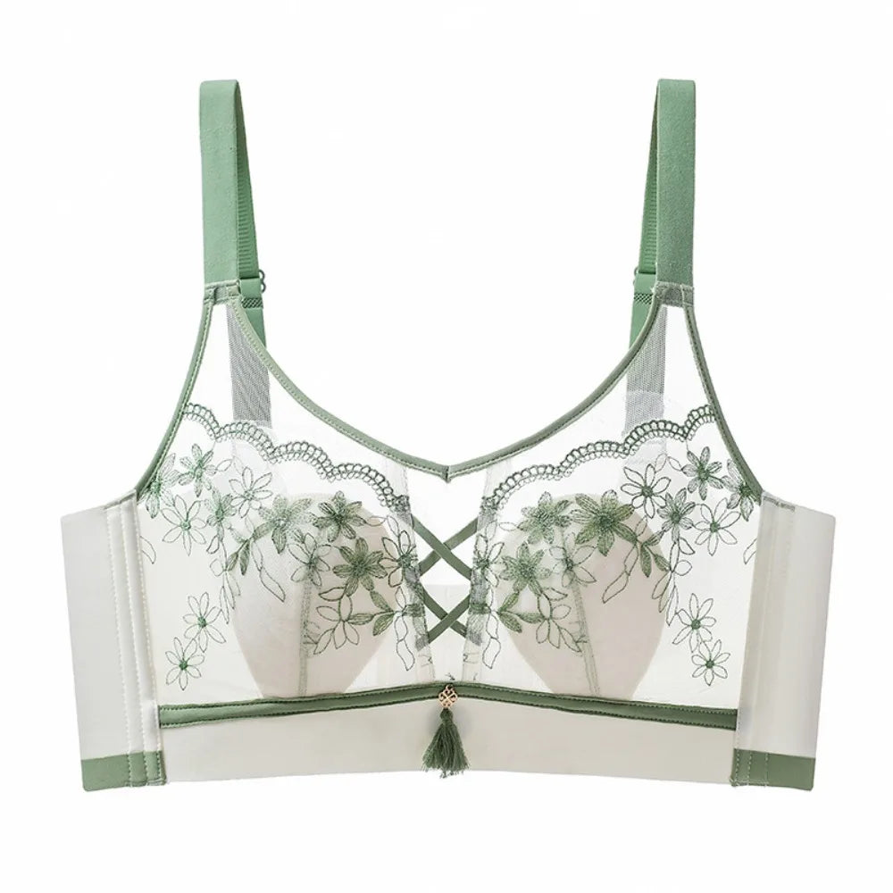 Sujetador de encaje con borlas y pechos recogidos para mujer, sujetador de malla fino a prueba de golpes, sin costuras, lencería transparente, ropa interior push-up