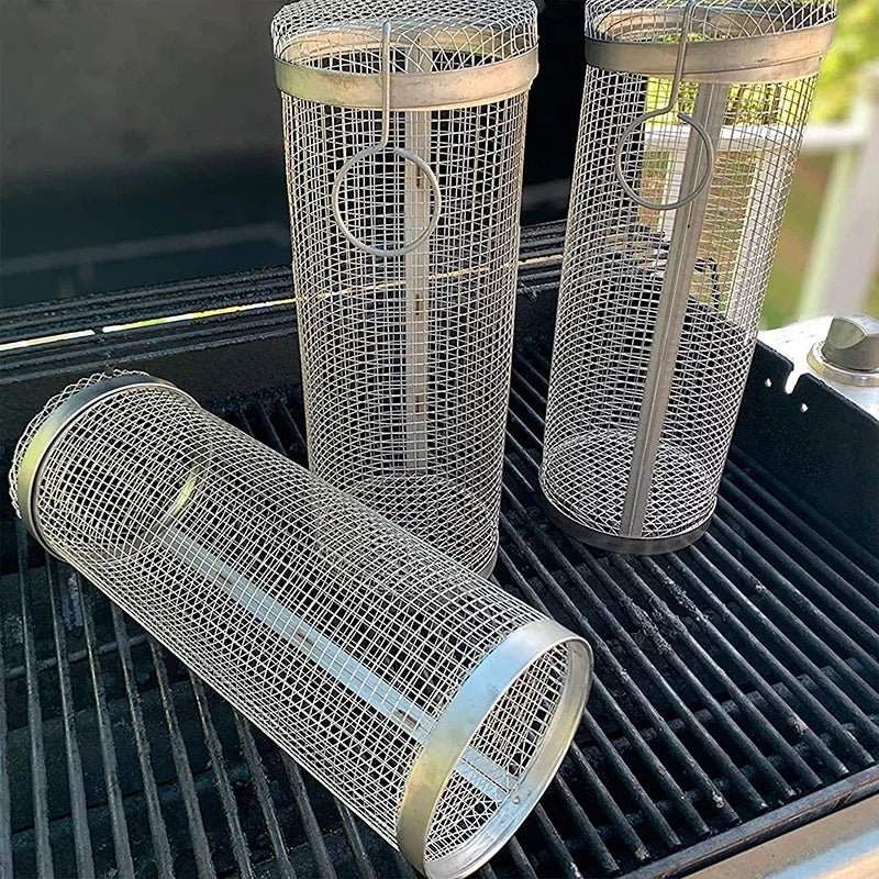 Cesta para parrilla de barbacoa, cesta rodante para asar, jaulas para barbacoa, parrilla cilÃndrica, cestas para asar para acampar al aire libre