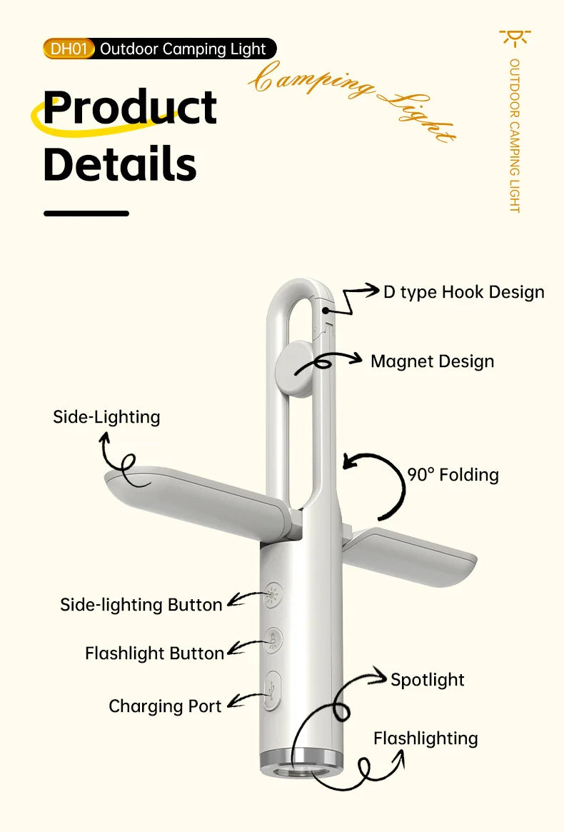 Linterna de Camping UltraBrillante con Linterna y Modo SOS - Plegable, Carga Tipo-C, Impermeable IP53 para Senderismo/Reparaciones de Emergencia