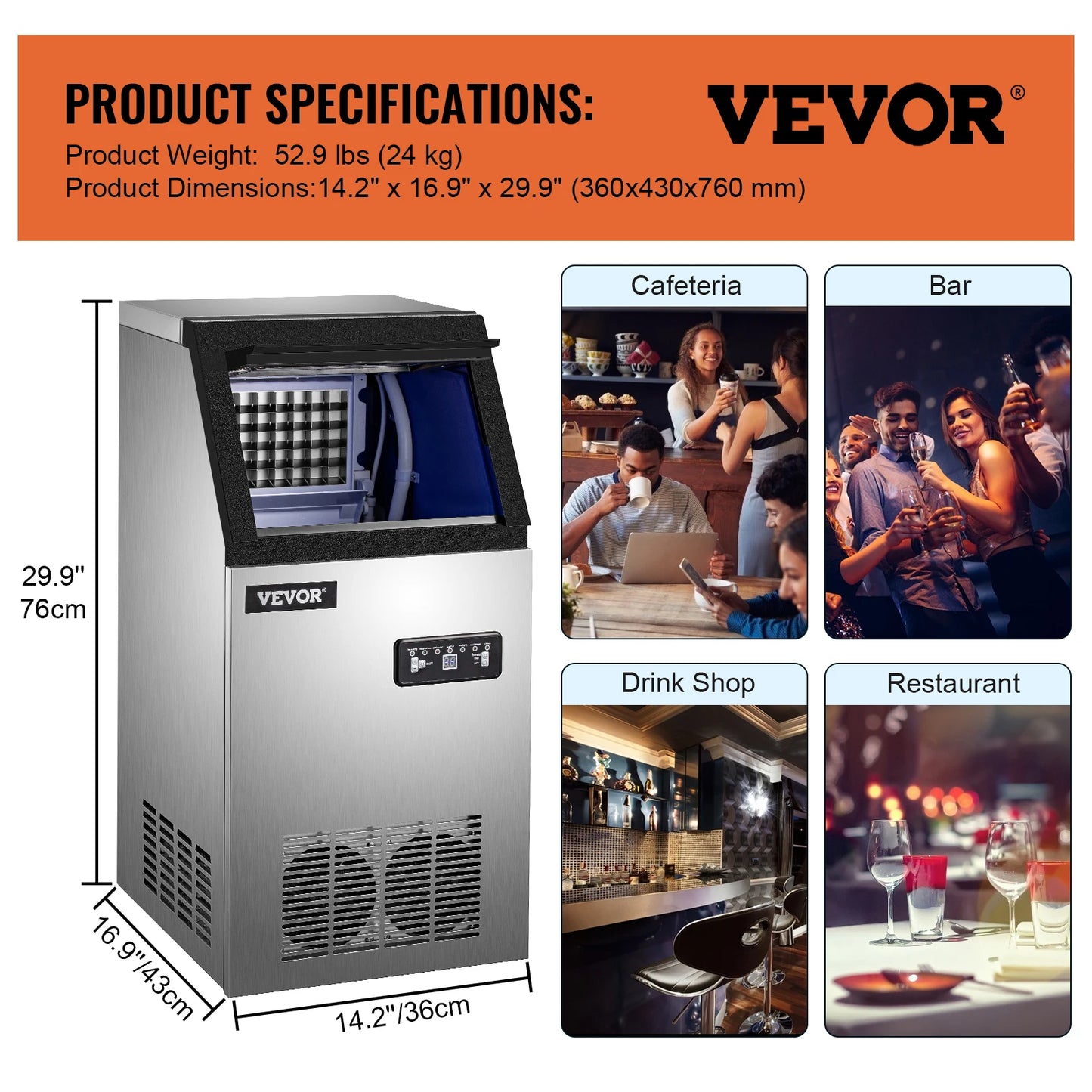 VEVOR Máquina para Hacer Hielo de Acero Inoxidable de Calidad Alimentaria, Trituradora de Máquina de Hielo Comercial, 280W, 68kg/24 horas, Panel de Control LCD Inteligente para Cafeterías y Bares