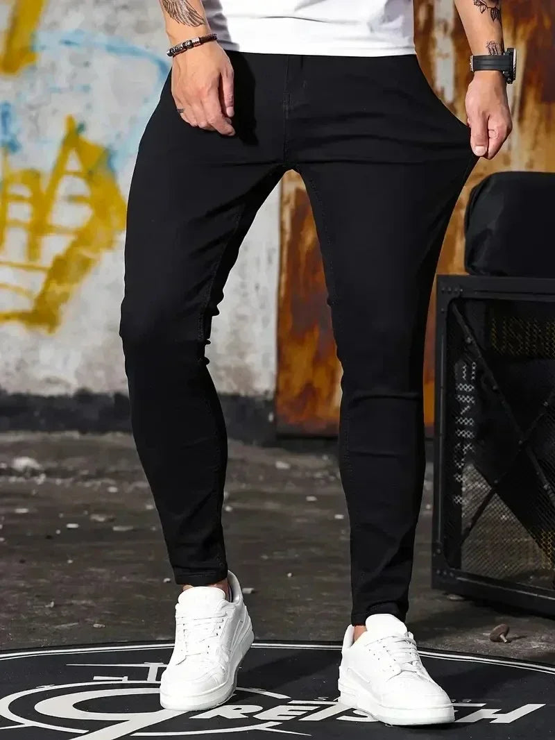 2025 primavera nuevos hombres Slim Fit clásico pantalones vaqueros ajustados Casual estilo callejero Casual hombres pantalones vaqueros ajustados hombre Slim Fit lápiz Denim azul