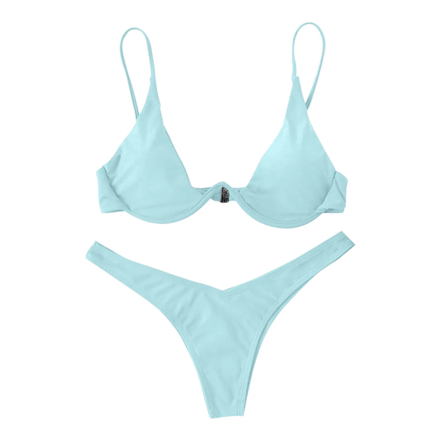 Bikini Sexy con aros para Mujer, traje de baño rojo liso con sujetador de realce, Tanga, traje de baño con cuello Halter y cuello de pico, Mini microtanga 2024