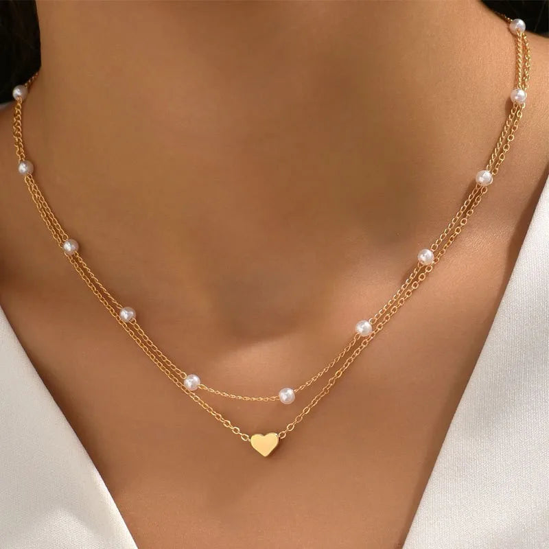 FTCY-Conjunto de collar de perlas para mujer, 3 uds., oro de 14 quilates, colgante de corazón de amor a la moda, resistente al agua, hipoalergénico, cadena para el cuello, joyerÃa