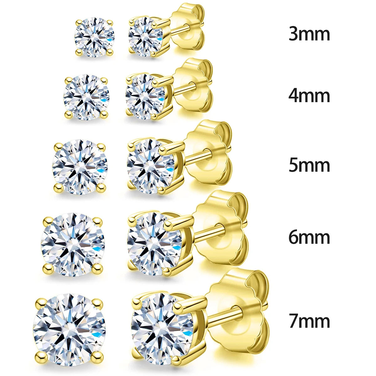 Plata de Ley 925 auténtica pendientes de circonita Ins CZ de 3mm, 4mm, 5mm, 6mm y 7mm para mujer, joyería fina chapada en oro de 18k, regalo para niñas