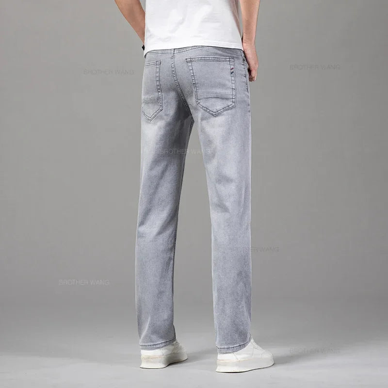 Pantalones vaqueros finos de algodón elástico para hombre, pantalón informal, recto, cómodo, color gris, a la moda, para verano