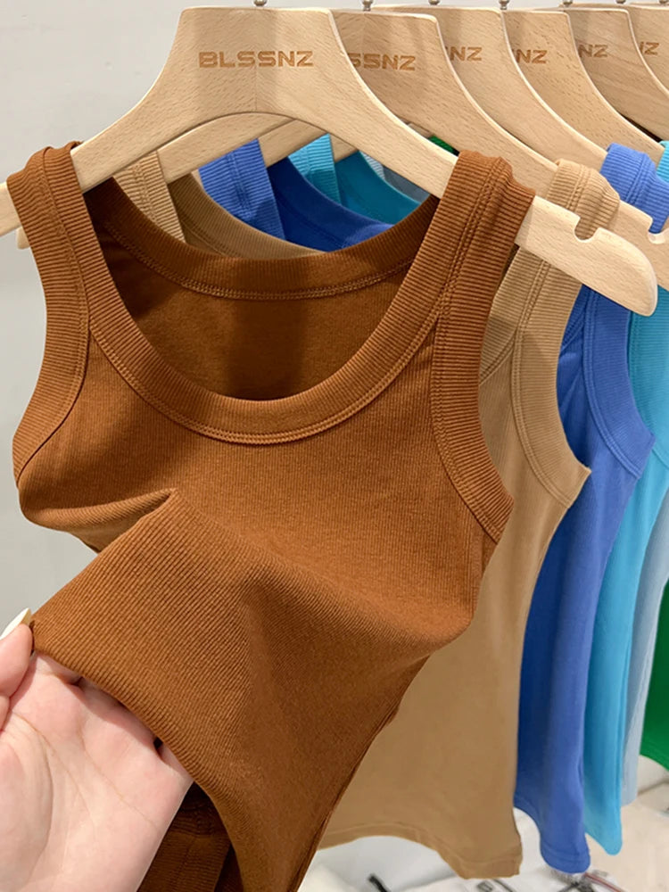 Zjaiss, camiseta sin mangas acanalada con cuello redondo liso para mujer, camisola para mujer, camiseta sin mangas elástica básica de verano 2025, camiseta sin mangas sólida con cuello redondo