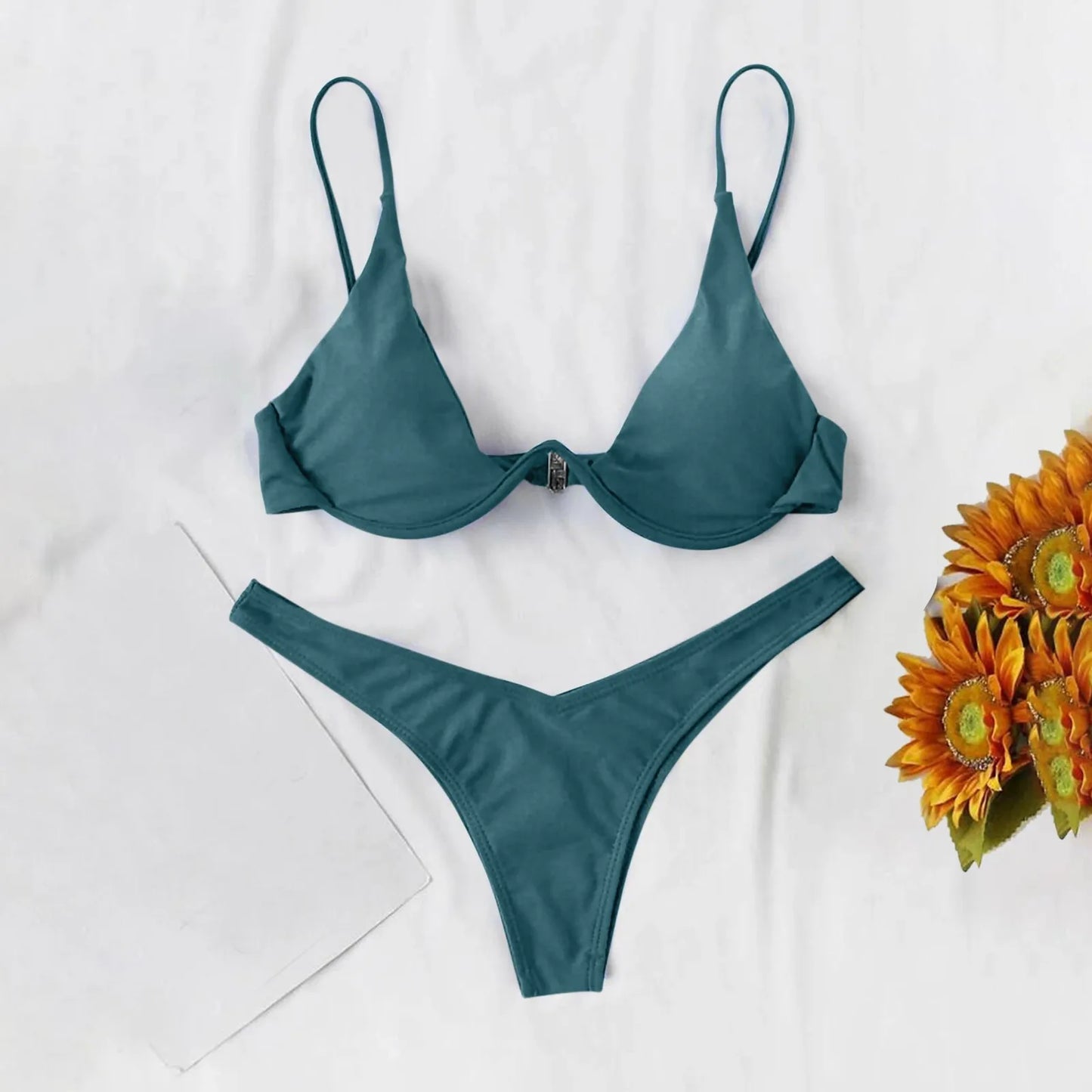 Bikini Sexy con aros para Mujer, traje de baño rojo liso con sujetador de realce, Tanga, traje de baño con cuello Halter y cuello de pico, Mini microtanga 2024
