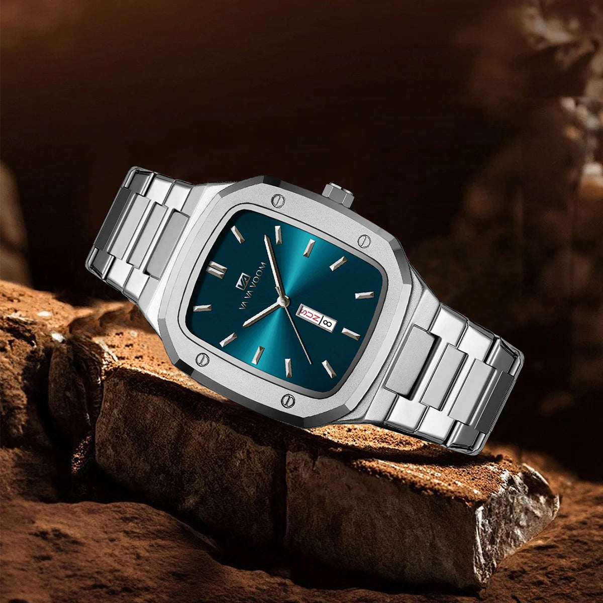 2024 nuevo reloj para hombre, correa cuadrada de acero inoxidable a la moda, oro azul, 3Bar, calendario semanal de cuarzo, reloj de pulsera deportivo de negocios simulado