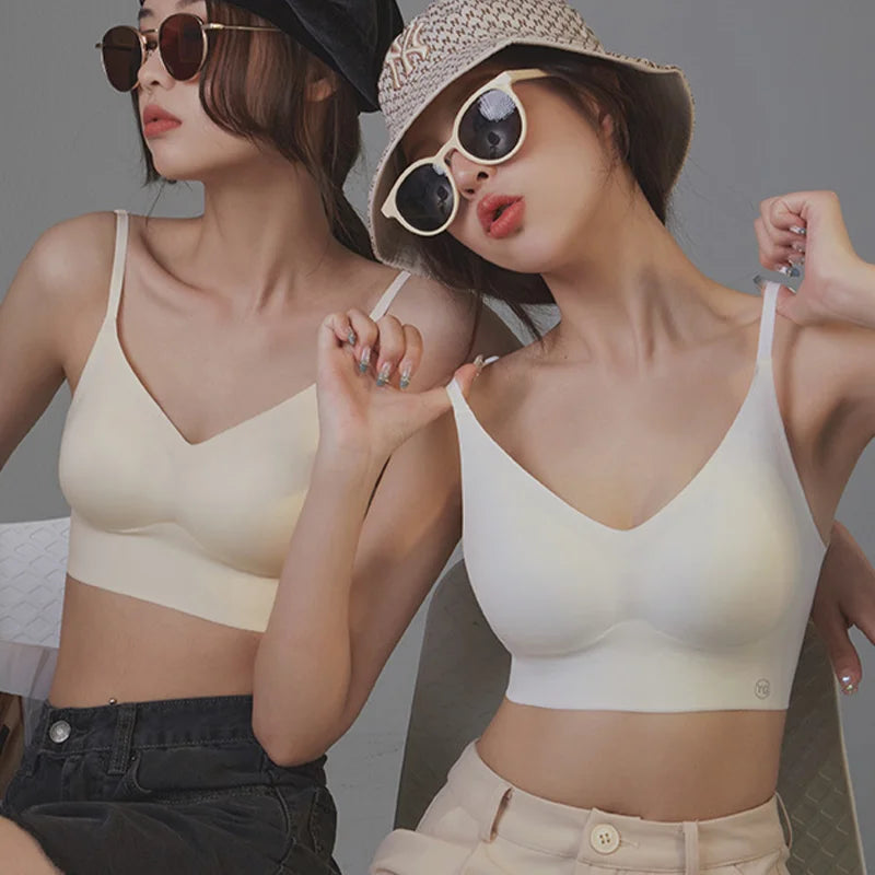 Sujetadores acolchados sin costuras ultrafinos para mujer, ropa interior de seda de hielo, lencería Sexy de pecho pequeño, Push Up, Tops de tubo Sexy, sujetador íntimo