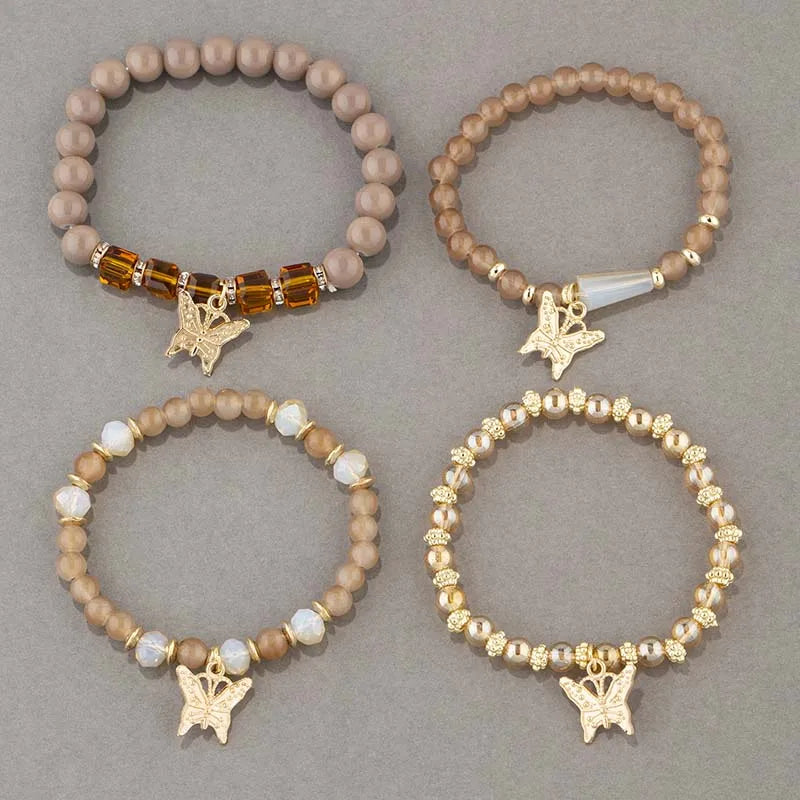 Conjunto de pulsera con cuentas de mariposa para mujer, brazalete de cadena elástica con cuentas acrÃlicas rosas, regalo de joyas de fiesta bohemia, 4 Uds.