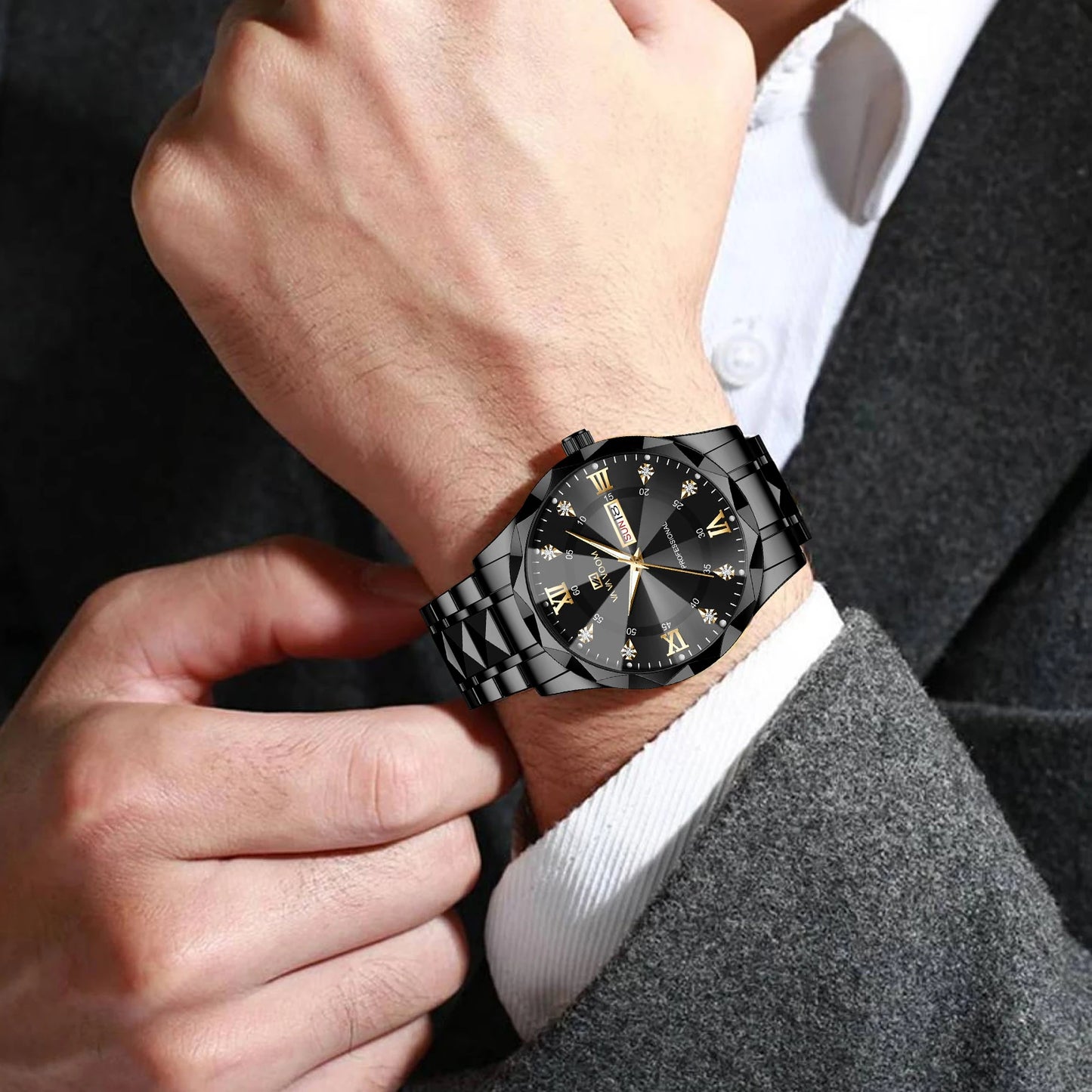 Reloj para hombre con diamantes de agua, lujo, brillo nocturno, doble calendario, movimiento de cuarzo, 41mm, oro azul, acero inoxidable, reloj de negocios de moda