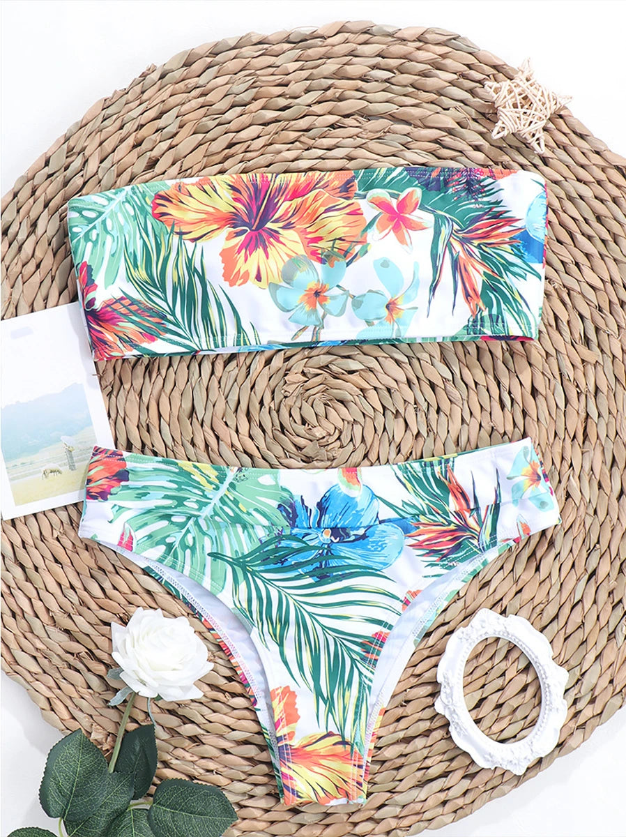 Conjunto de Bikini de dos piezas con estampado de hojas rosas para mujer, traje de baño de cintura baja, ropa de playa 2022