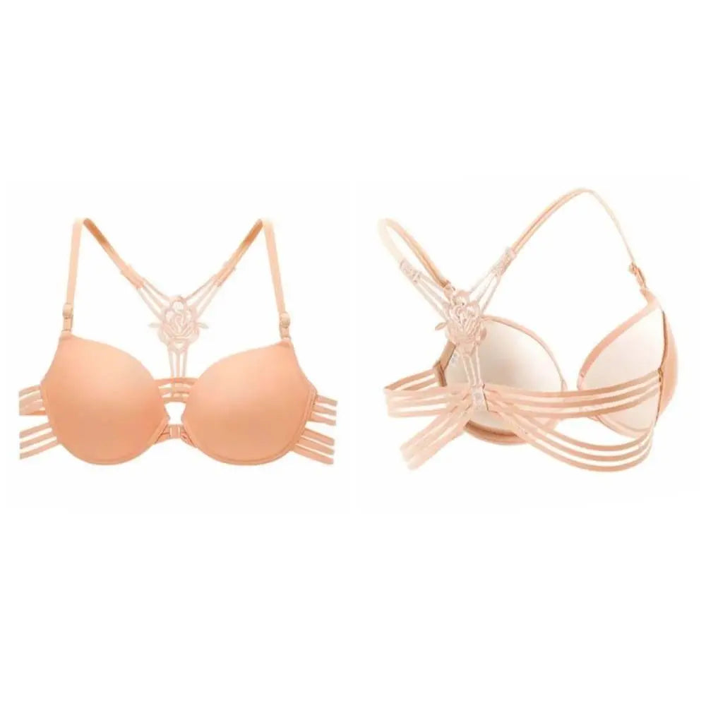Sujetador de encaje con botón frontal a la moda para mujer, 3/4 tazas, parte de atrás bonita, sujetador sin costuras, ropa interior íntima, sujetador inalámbrico con escote en V profundo para playa