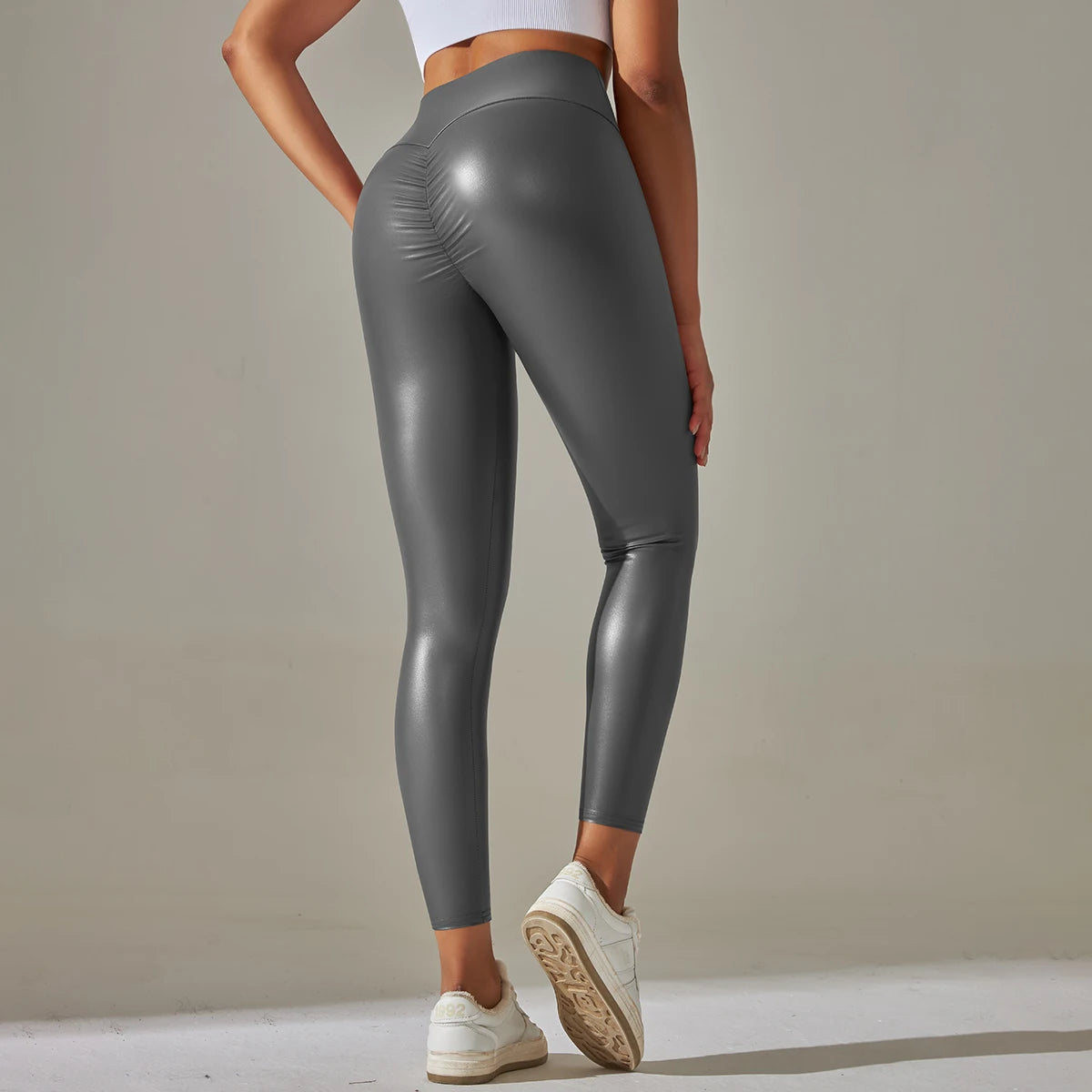 Leggings de cuero PU para mujer, mallas sexys con fruncido en la parte de atrás, pantalones de piel sintética para niñas, mallas informales Push Up de cintura alta, 6 colores