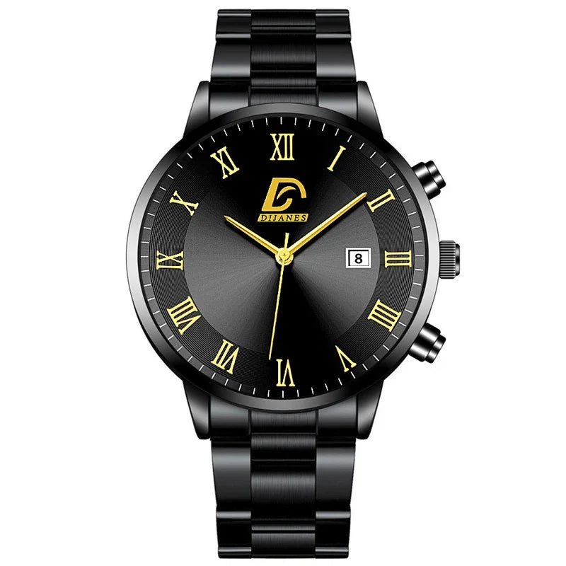 Relojes de acero inoxidable dorados a la moda para Hombre, Reloj de pulsera de cuarzo minimalista de lujo, Reloj con calendario informal de negocios para Hombre