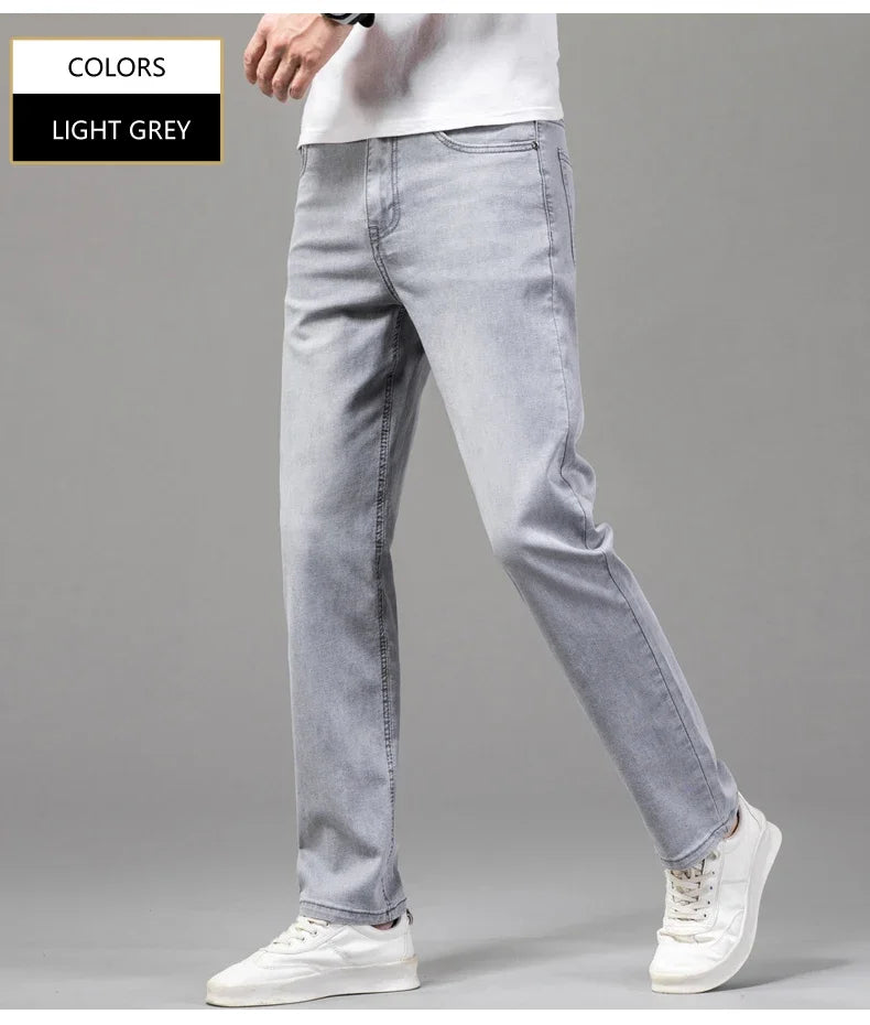 Pantalones vaqueros finos de algodón elástico para hombre, pantalón informal, recto, cómodo, color gris, a la moda, para verano