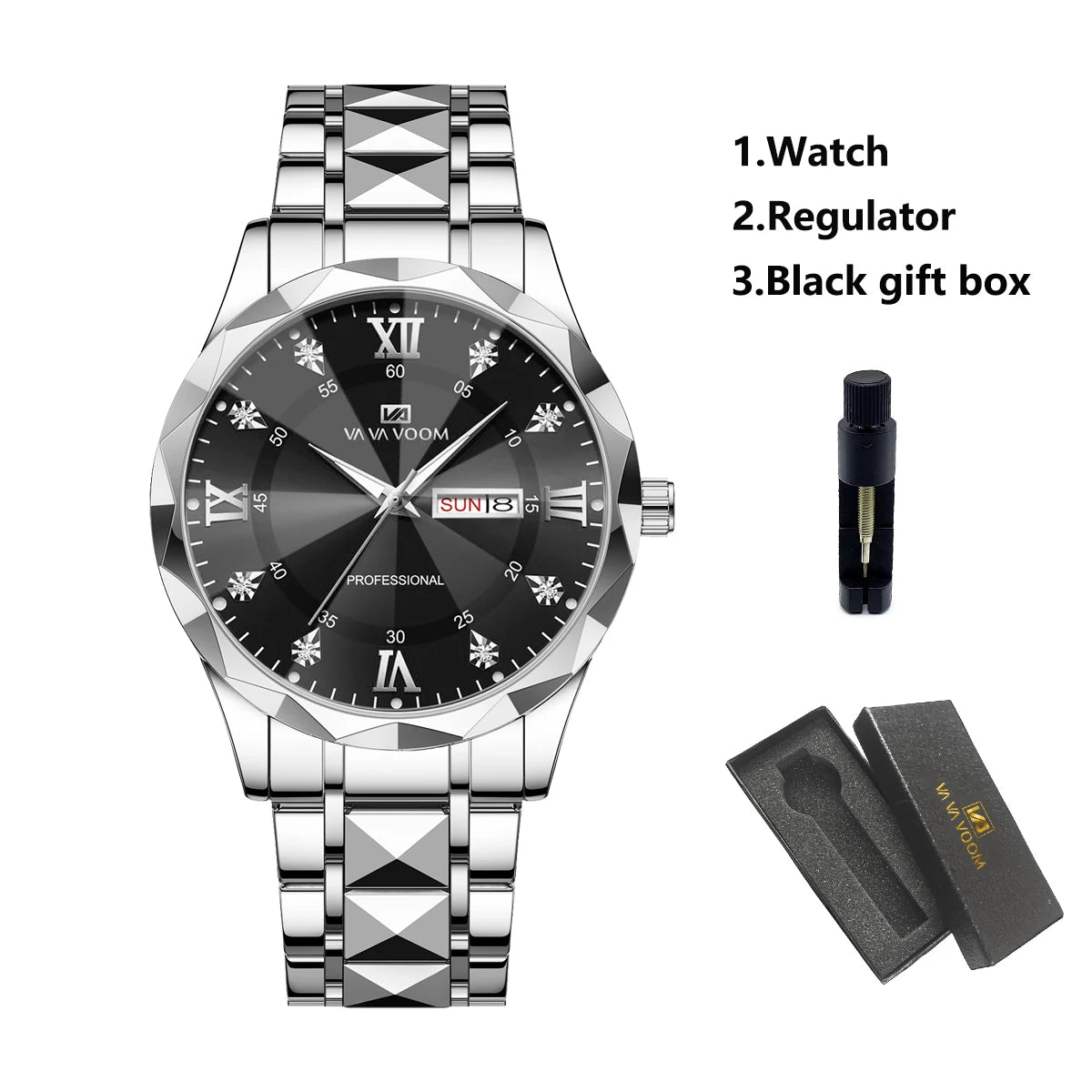 Reloj para hombre con diamantes de agua, lujo, brillo nocturno, doble calendario, movimiento de cuarzo, 41mm, oro azul, acero inoxidable, reloj de negocios de moda
