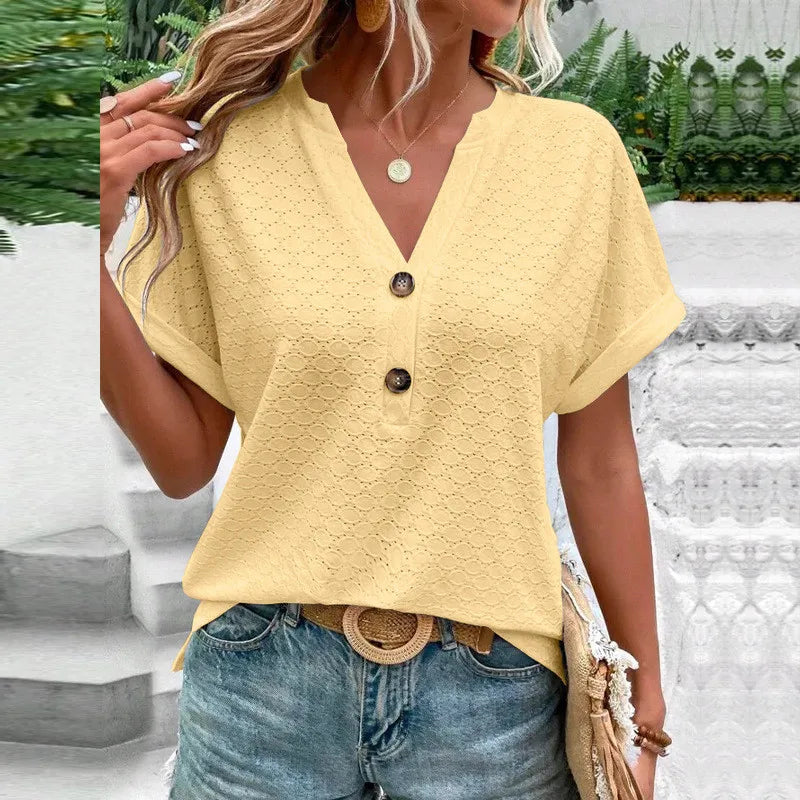 Blusas informales de Jacquard con botones y cuello en V para mujer, camisas holgadas lisas, Tops de manga corta de gran tamaño para mujer 2023