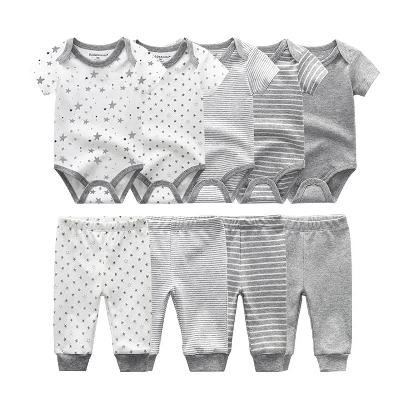 9 unids/lote monos Unisex para recién nacidos + pantalones conjuntos de ropa de algodón de dibujos animados ropa para bebé (niño o niña)