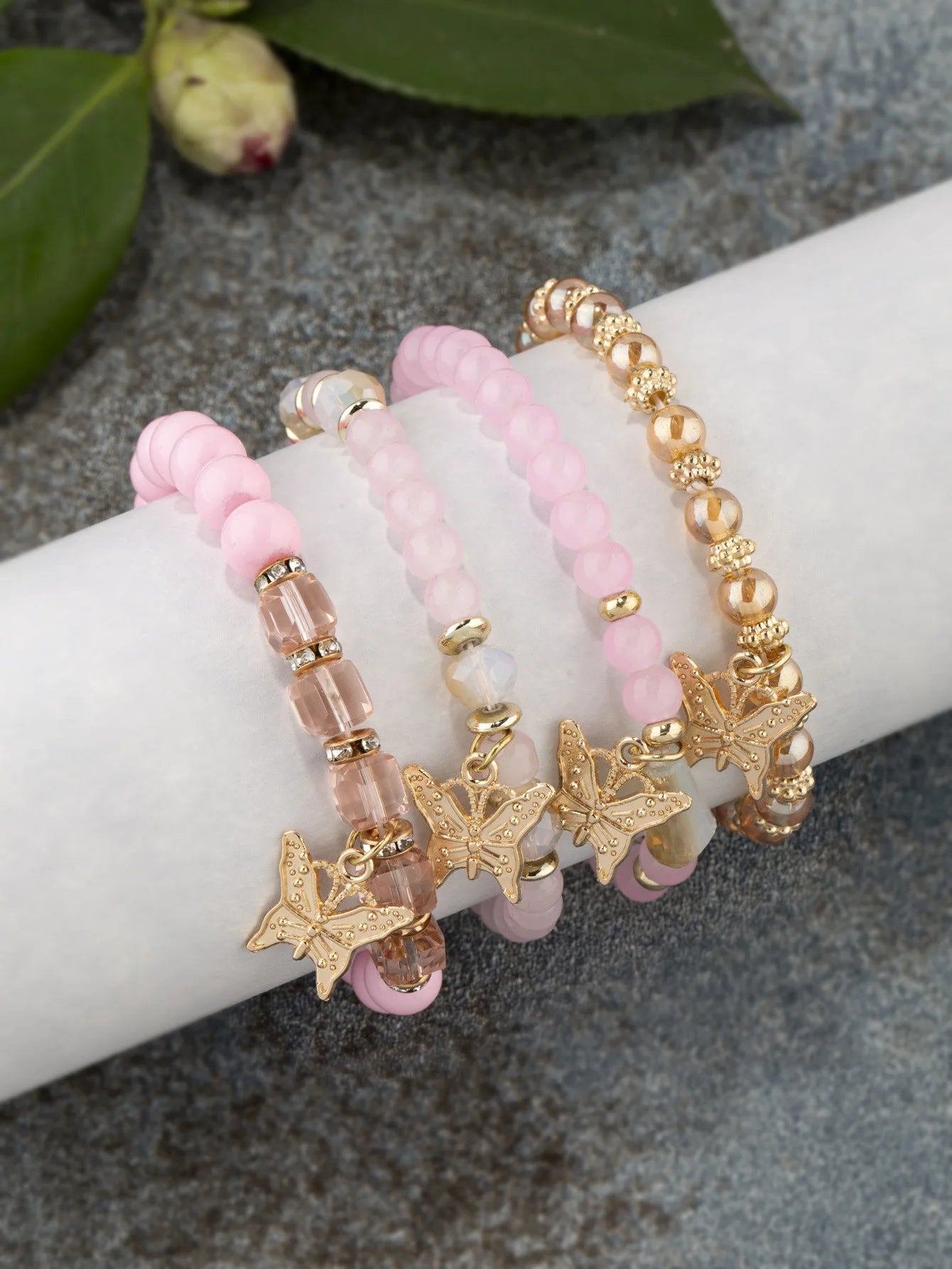 Conjunto de pulsera con cuentas de mariposa para mujer, brazalete de cadena elástica con cuentas acrÃlicas rosas, regalo de joyas de fiesta bohemia, 4 Uds.