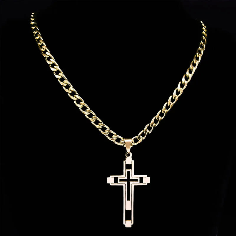 Collares de cadena de acero inoxidable con cruz de Hip Hop, collar con colgante largo de Color dorado para mujeres/hombres, joyerÃÂa para hombre N6055S05 2024