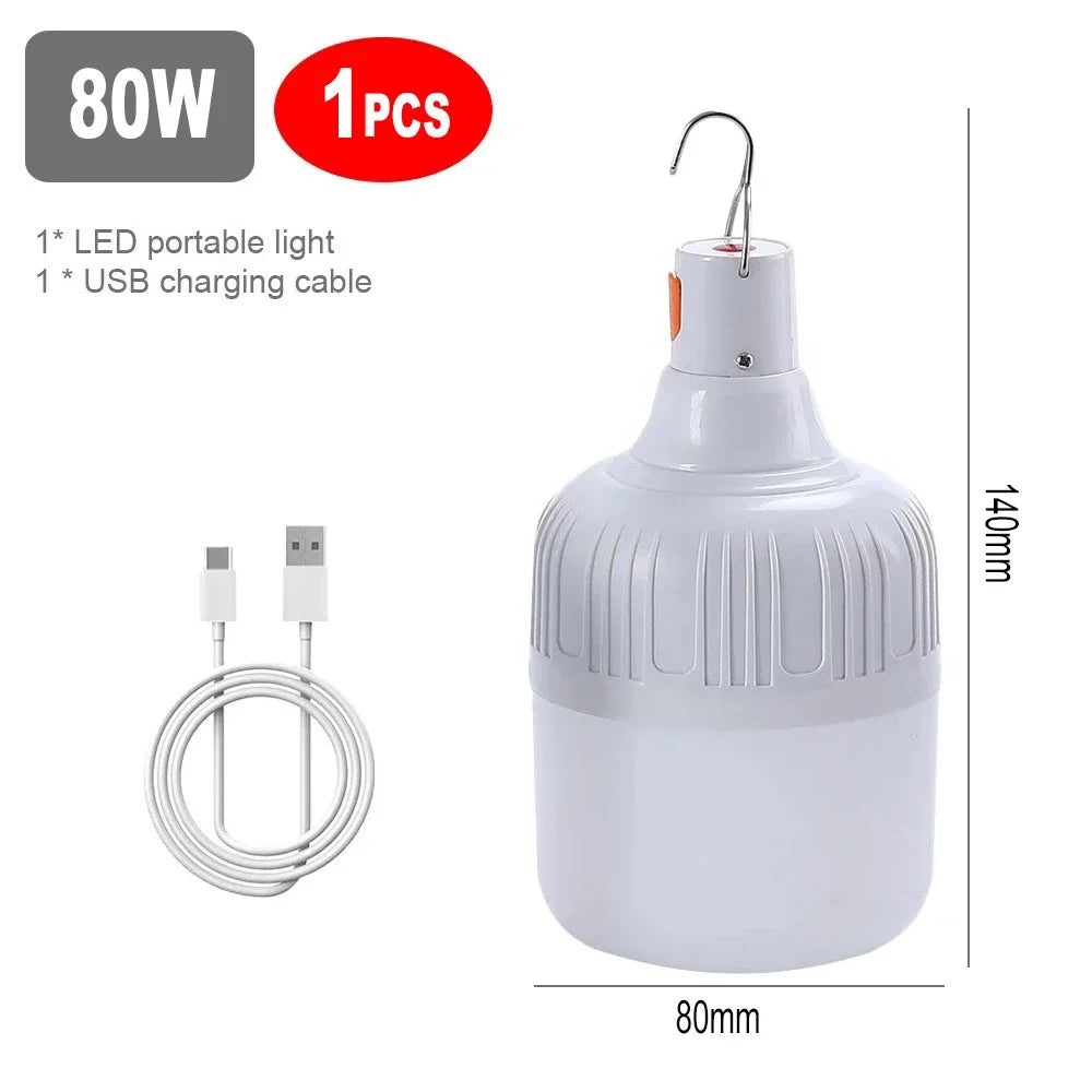 Luz de Camping de 60W y 80W, lámpara LED de emergencia recargable por USB, linternas portátiles para exteriores con gancho para tiendas de barbacoa, bombilla de batería