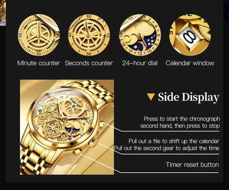 OLEVS-reloj de cuarzo para hombre, cronógrafo de marca superior de lujo, Original, resistente al agua, estilo esqueleto dorado, 24 horas, dÃÂa y noche, nuevo