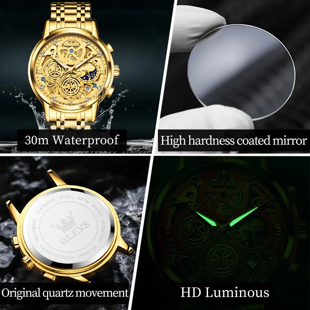 OLEVS-reloj de cuarzo para hombre, cronógrafo de marca superior de lujo, Original, resistente al agua, estilo esqueleto dorado, 24 horas, dÃÂa y noche, nuevo