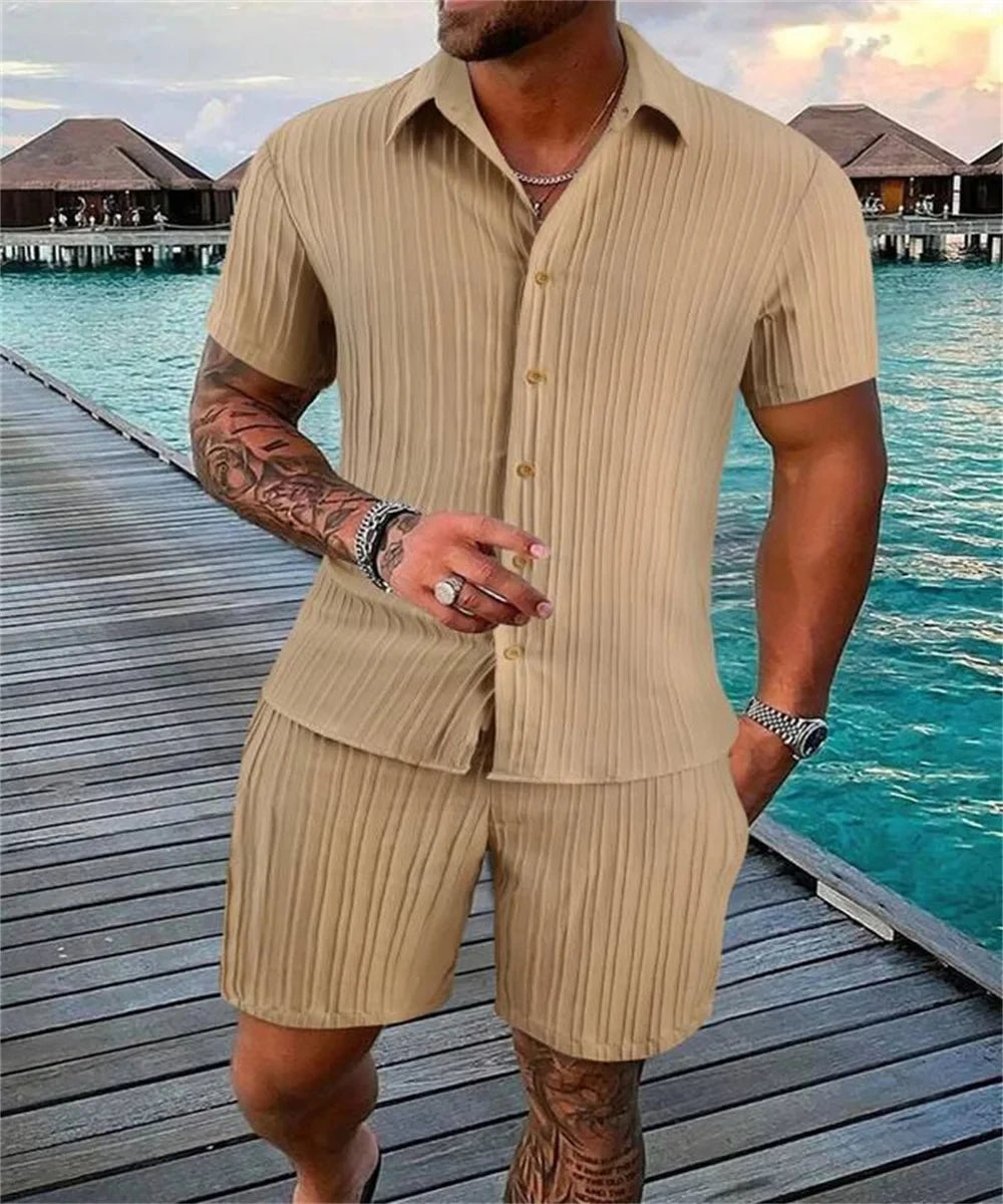 Pantalones cortos sueltos de manga corta para hombre, traje deportivo a rayas, Top informal de Fitness, pantalones cortos de playa, tendencia de moda de verano