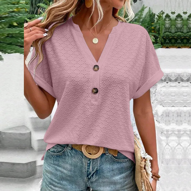 Blusas informales de Jacquard con botones y cuello en V para mujer, camisas holgadas lisas, Tops de manga corta de gran tamaño para mujer 2023