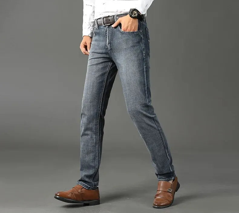 Wthinlee, nuevos pantalones vaqueros de negocios para hombres, pantalones vaqueros informales rectos elásticos a la moda, pantalones vaqueros clásicos azules y negros para trabajo, ropa de marca masculina