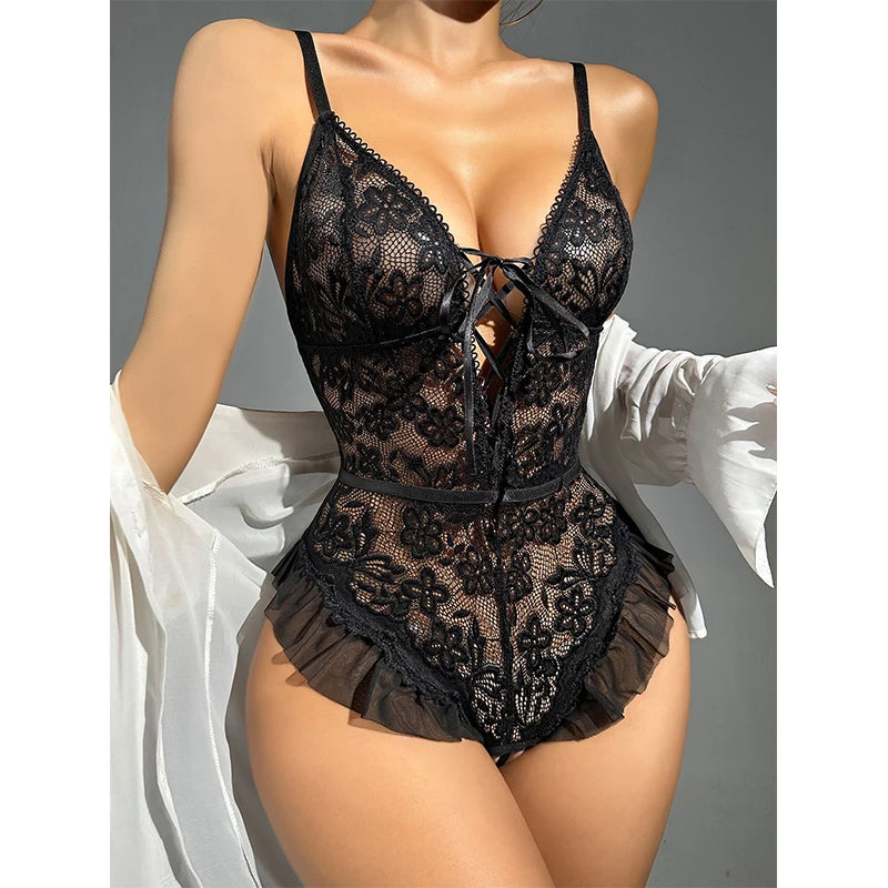 Conjunto de sujetador Floral exótico de encaje transparente, lencerÃa Sexy para mujer, ropa Sexual Porno transparente, picardÃas, vestido de peluche, camisones más sexys