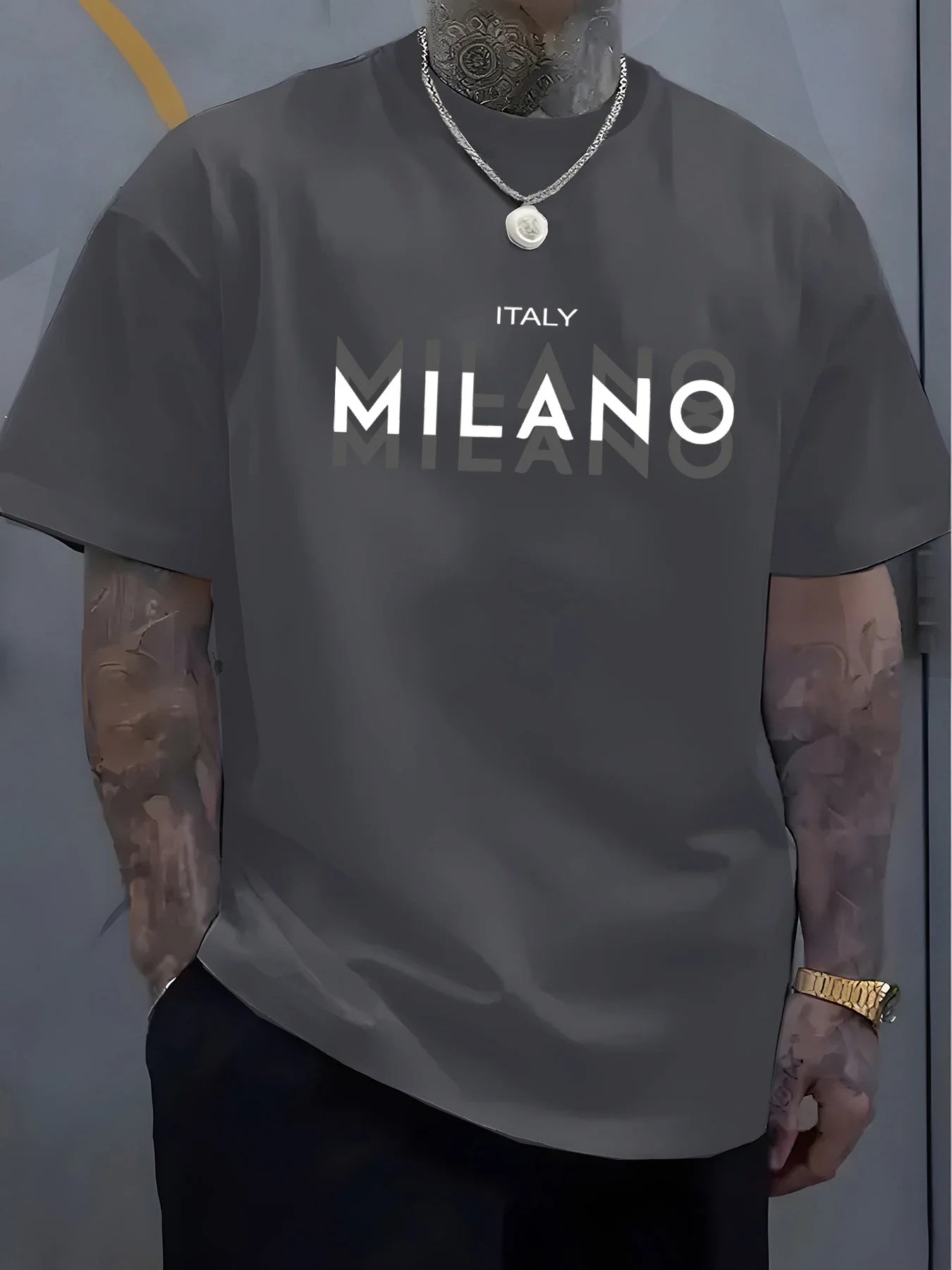 Camiseta holgada informal de algodón puro 100% de verano para hombre de talla grande con estampado de MILANO italiano, cómoda camiseta de manga corta con cuello redondo
