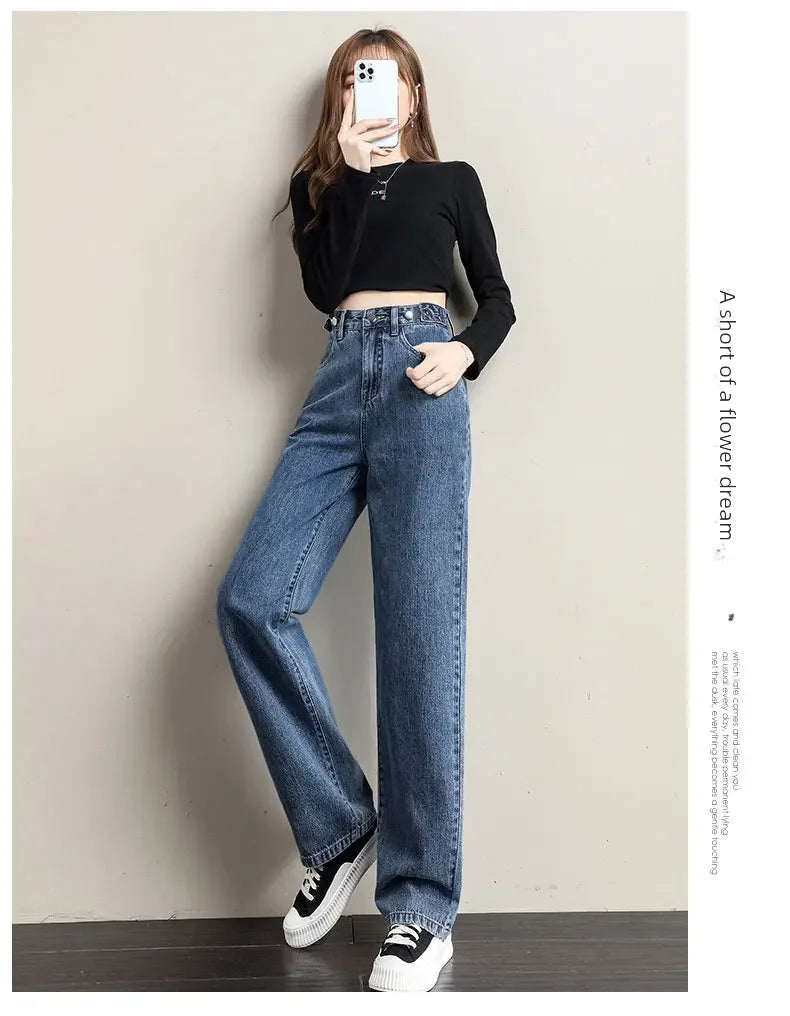 Pantalones vaqueros sueltos para mujer, diseño de cintura alta, entrepierna recta ajustable, pantalones de estilo Retro, tela de algodón, estilo informal cómodo