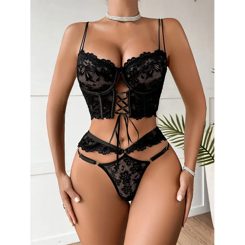 Sujetador erótico transparente de 2 piezas con aros para mujer, lencerÃa Sexy de encaje, traje elegante, conjunto de ropa interior romántica, conjuntos de sujetador y bragas
