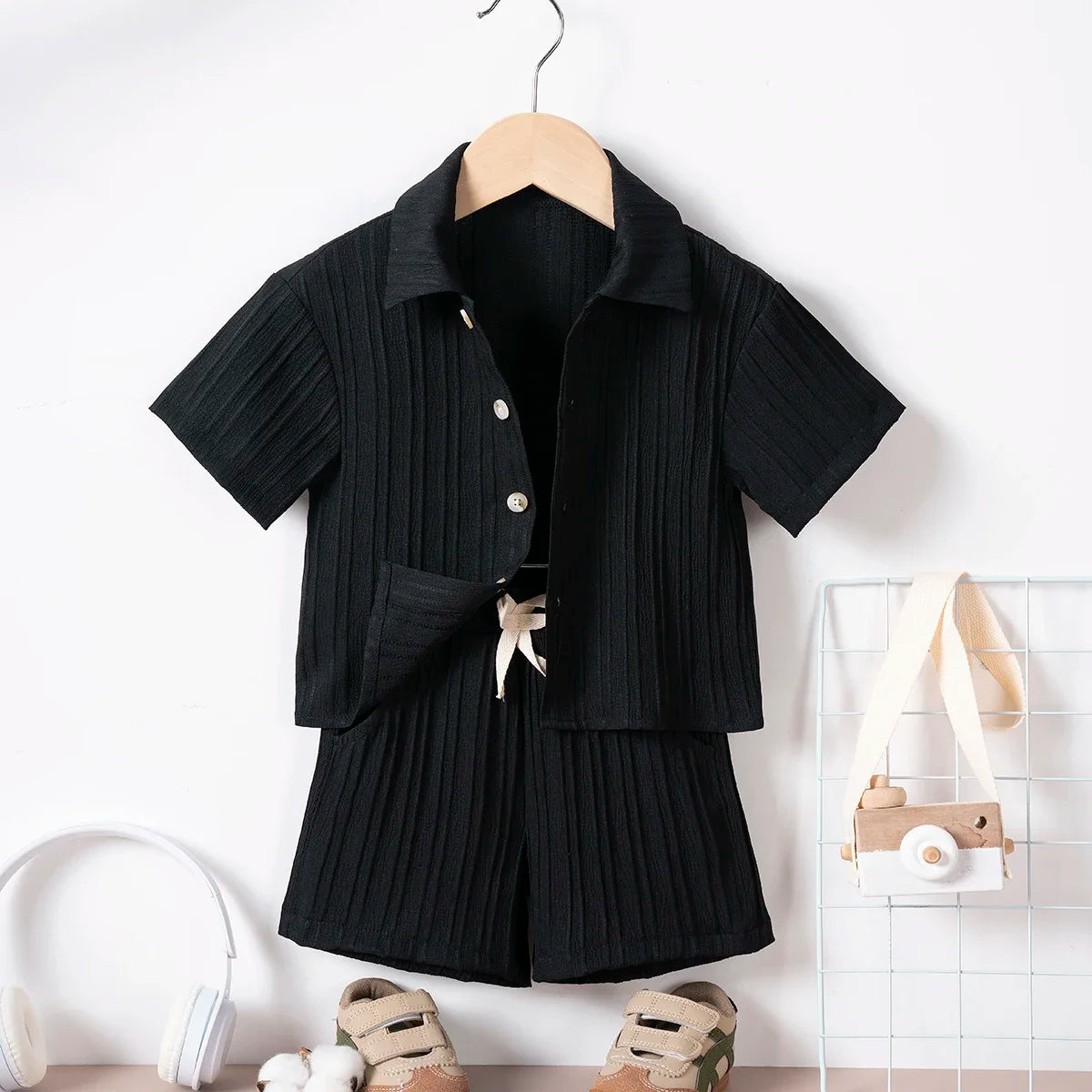 Conjunto de ropa informal para niños, camisa de manga corta con solapa y pantalones cortos de cintura elástica, traje de moda de 2 piezas, Verano