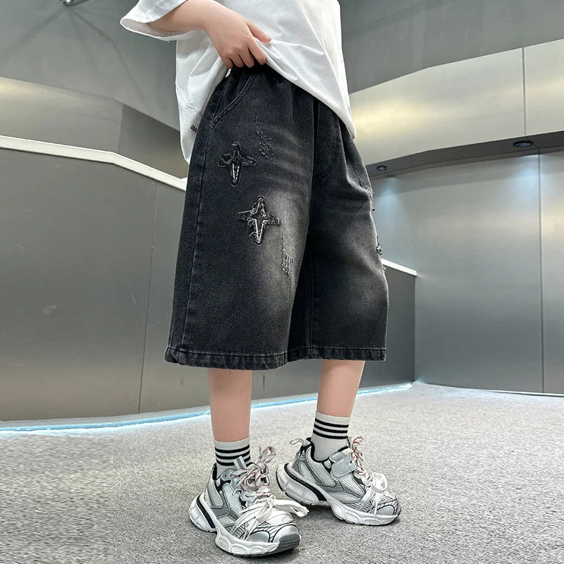 Boy Star Jeans 2025 Verano Nuevo Producto Moda Niños Denim Pantalones medios Pantalones cortos casuales para niños 5-15 años