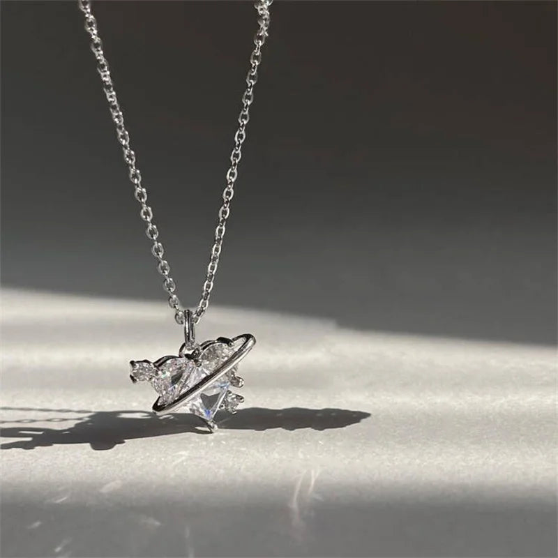 Collares con colgante de circonio y corazón de planeta rosa Y2K para mujer, collar de cadena de clavÃcula estética a la moda, regalo del DÃa de San ValentÃn, joyerÃa para fiesta