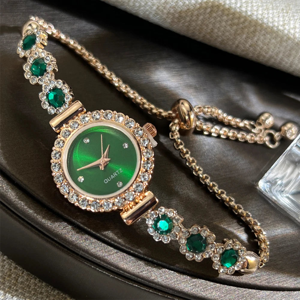 Conjunto de reloj de pulsera de Calcedonia de comercio exterior con luz de diamante, reloj de cuarzo de lujo en vivo, nuevo reloj de mujer con diamantes