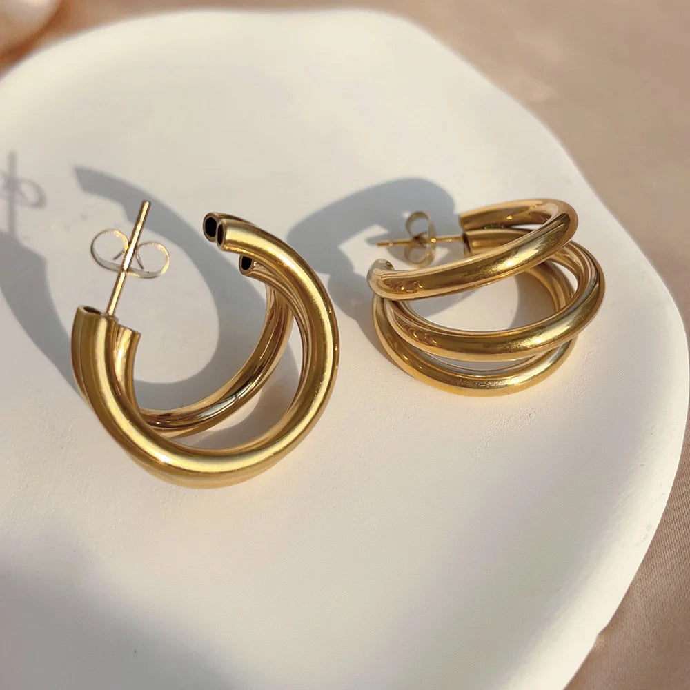 Pendientes de aro gruesos de Metal liso de acero inoxidable para mujer, aros redondos a la moda, pendientes llamativos, joyerÃa de moda 2024