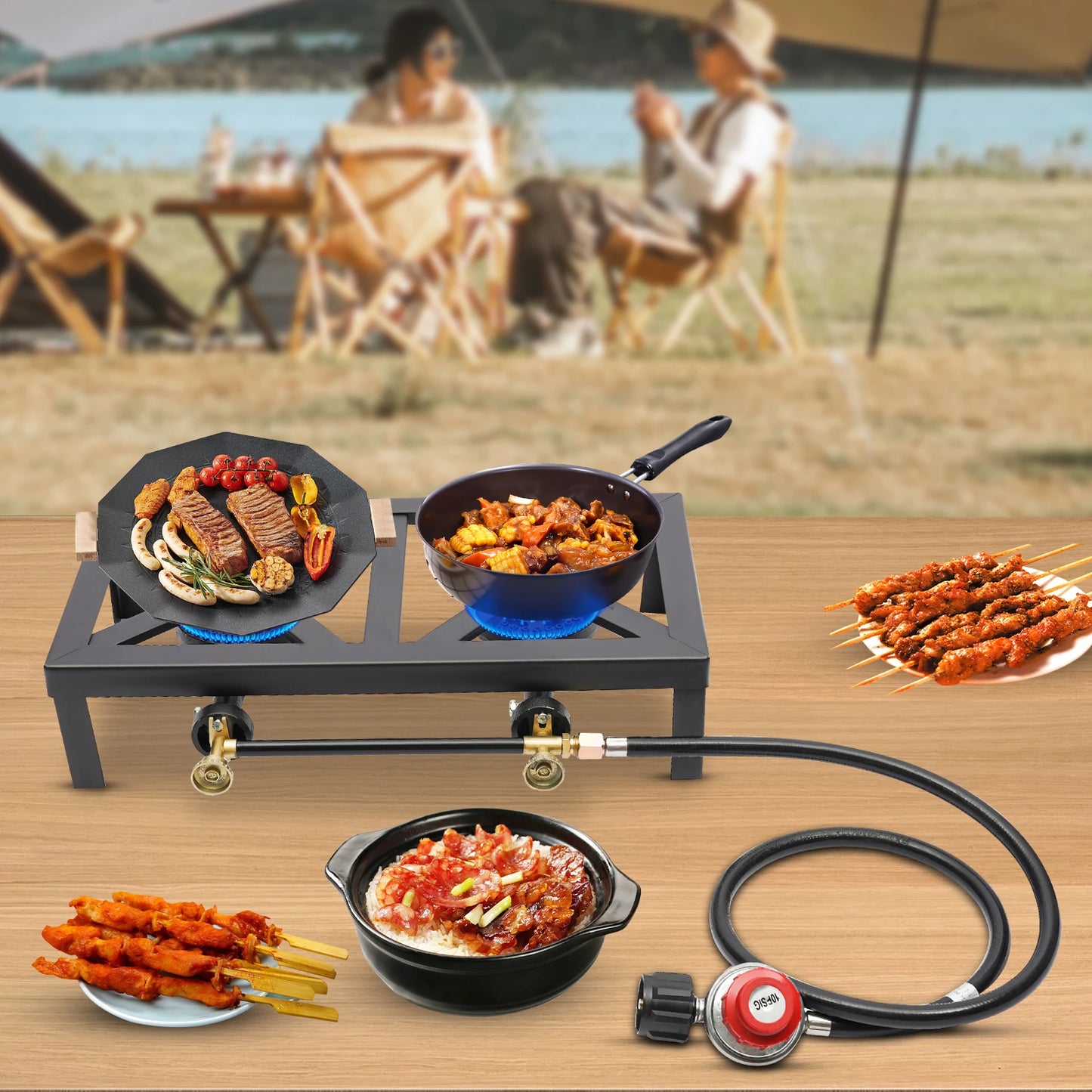 Estufa de gas propano doble para acampar y cocinar al aire libre con manguera reguladora, construcción de hierro duradera 0-10PSI